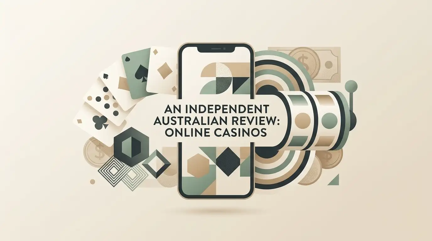 Australian online casino review theme with a smartphone, casino-game elements and an Australian setting