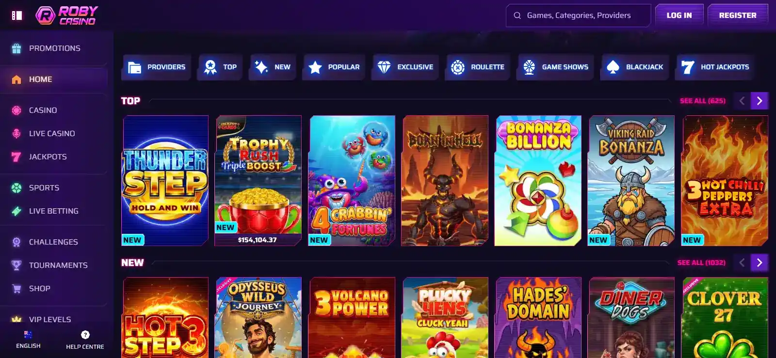 Roby Casino homepage and casino lobby interface