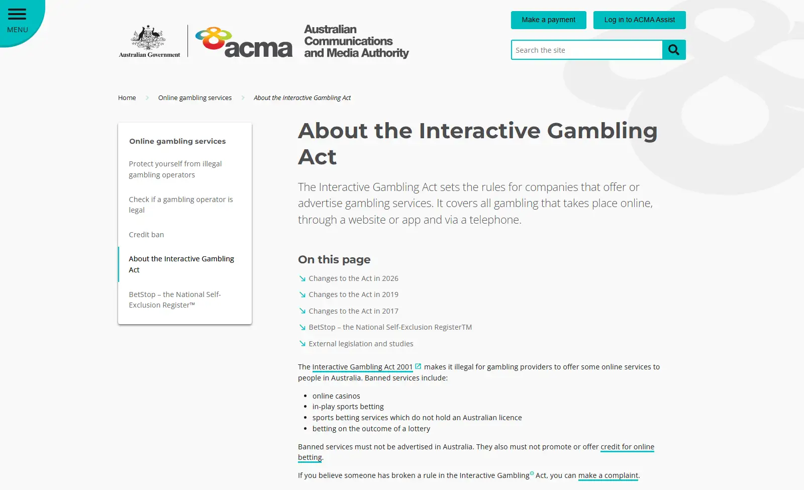 ACMA Interactive Gambling Act page explaining banned online gambling services in Australia